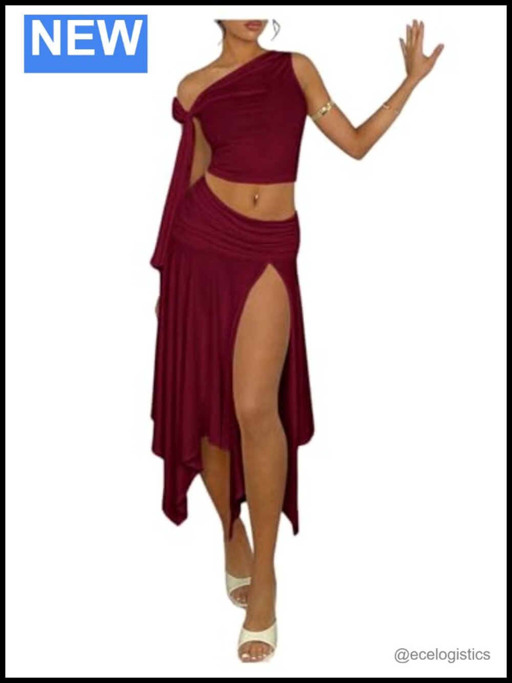 Flowy Asymmetrical Slit Two Piece Skirt Set Sleeveless Ruffle Midi Party Outfit